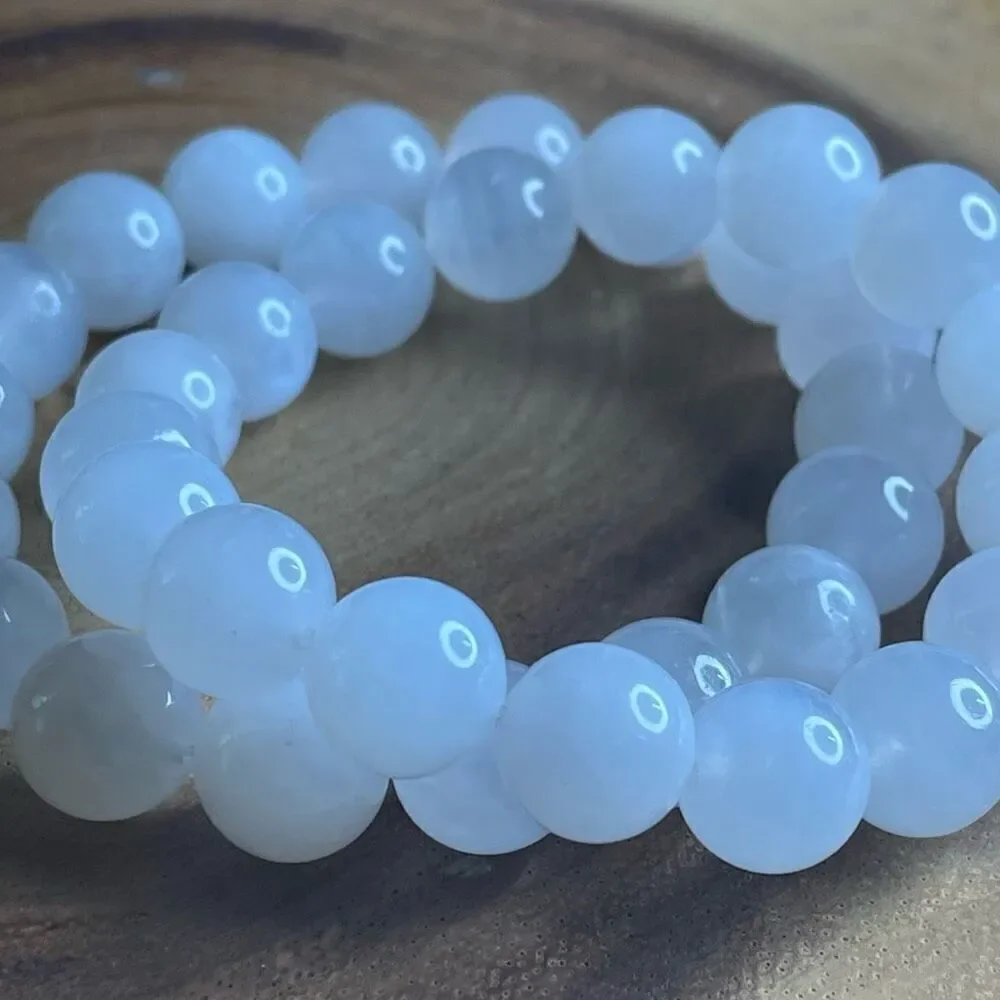 White Moonstone beaded bracelet 7” crystal healing beads 8mm blue flash